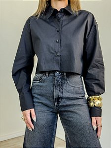 Camisa Cropped Manga Longa Preta