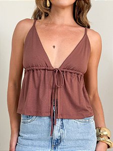 Top bata malha marrom