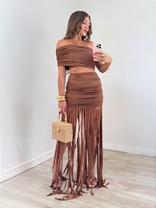 Conjunto saia longa franjas marrom