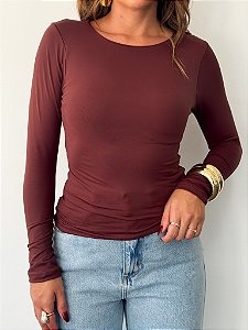 Blusa Basic Manga Longa Poliamida Marrom
