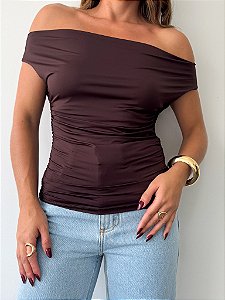 Blusa ombro a ombro poliamida marrom