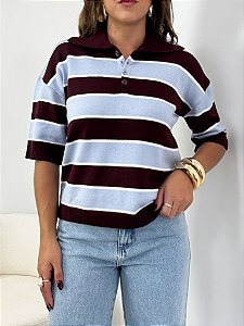 Gola Polo Tricô Manga Curta Azul e Cherry