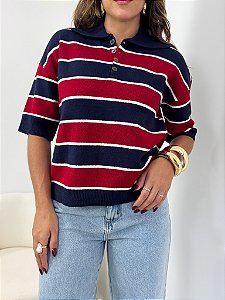 Gola Polo Tricô Manga Curta Azul e Vermelho