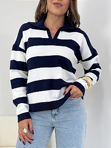 Gola Polo Tricô Manga Longa Azul e Branco