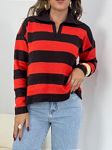 Gola Polo Tricô Manga Longa Marrom e Vermelho
