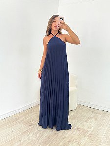 Vestido plissado azul marinho