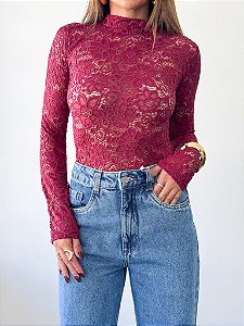 Body renda manga longa bordo