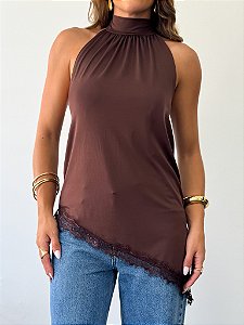 Blusa Bata Poliamida Renda Marrom