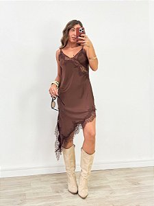 Vestido Seda com Renda Odessa Marrom