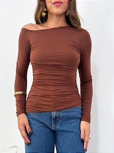Blusa Meca Drapeada Manga Longa Marrom