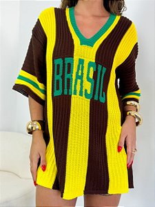 Tricô Listrado Marrom e Amarelo Brasil