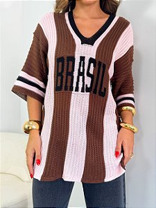 Tricô Listrado Marrom e Rosa Brasil