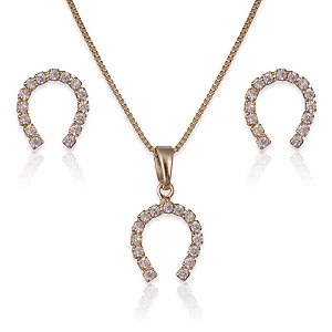 Conjunto ferradura pingente e brinco zircônia