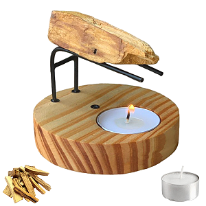 Incensário de Palo Santo Redondo Madeira Pinus + 30g de Palo Santo + 10 velas