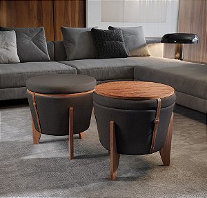 PUFF FLEX LF 070 - DETALHE EM COURO - LINHO CINZA ESCURO (1 UNID)