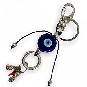 Chaveiro Olho Grego Azul Patuá e Pimentas 12 cm em Murano