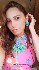 Brinco Pastilha Resina Azul Turquesa com Pink