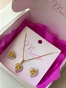 Conjunto Coração Semi Cravejado Citrino
