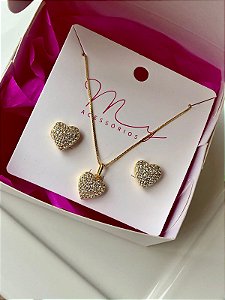 Conjunto Coração Semi Cravejado Zircônias