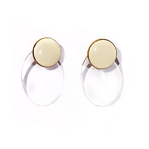 Brinco Botão Off White Esmaltado  Resina Cristal