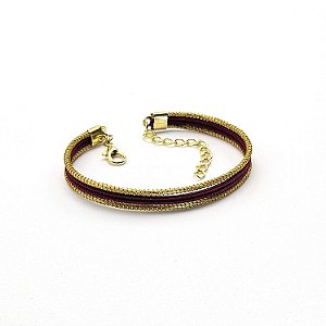 Pulseira Capim Dourado e Fio Vinho PL76 - Hipoalergênico