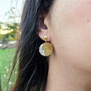 Brinco Capim Dourado Disco 2 cm e Fio Branco BL82 - Hipoalergênico