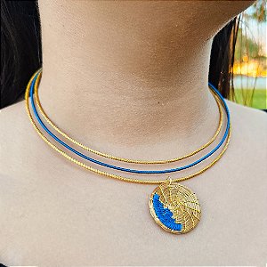 Gargantilha Capim Dourado e Fio Azul Safira GL31 - Hipoalergênico