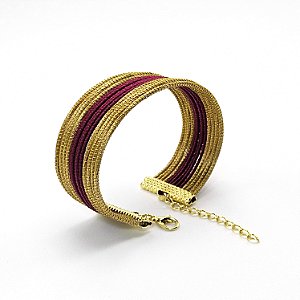 Pulseira Capim Dourado e Fio Vinho PL6 - Hipoalergênico