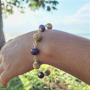 Pulseira Capim Dourado c/ Pedra Natural Ametista Cód. P404  - Hipoalergênico