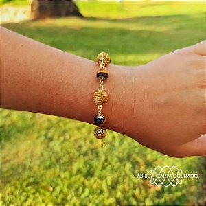 Pulseira Capim Dourado c/ Pedra Natural Olho de Tigre Cód. P403 - Kit 3 peças - Hipoalergênico