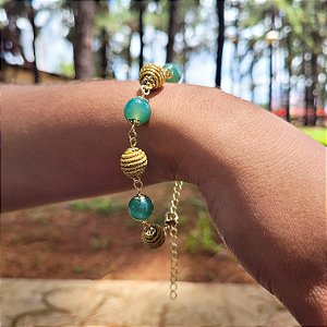 Pulseira Capim Dourado c/ Pedra Natural Ágata Verde Cód. P413 - Hipoalergênico