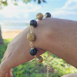 Pulseira Capim Dourado c/ Pedra Natural Ágata Preta Cód. P409 - Hipoalergênico