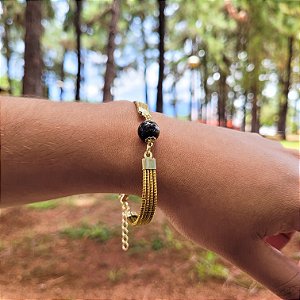 Pulseira Capim Dourado c/ Pedra Natural Ágata Preta Cód. P427 - Hipoalergênico
