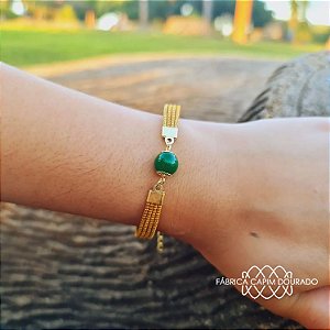 Pulseira Capim Dourado c/ Pedra Natural Ágata Verde Cód. P427 - Kit 3 peças - Hipoalergênico