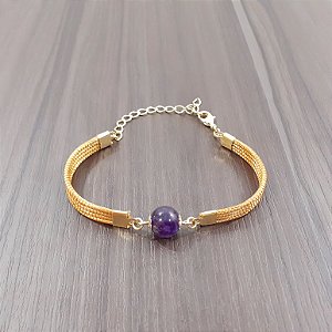 Pulseira Capim Dourado c/ Pedra Natural Ametista Cód. P422 - Hipoalergênico