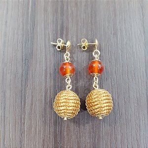 Brinco Capim Dourado C/ Pedra Natural Ágata Cornalina Cód. B401 - Hipoalergênico