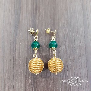 Brinco Capim Dourado C/ Pedra Natural Ágata Verde Cód. B412 - Kit 3 peças - Hipoalergênico