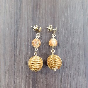Brinco Capim Dourado C/ Pedra Natural Jaspe Madeira Cód. B411 - Hipoalergênico