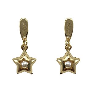 Brinco Folheado Ouro Pendurado Estrela com Perola 2,5cm