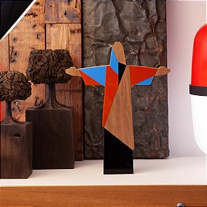 ESCULTURA DE MADEIRA RIO CRISTO CUBISTA AZUL 25x20