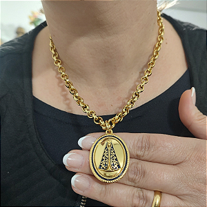 Colar Correntaria com pingente de Nossa senhora Aparecida azul folheado em ouro
