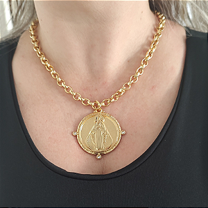 Colar Nossa Senhora das Graças (medalha grande) folheado em ouro