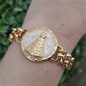 Pulseira Correntaria Dourada  Nossa Senhora Aparecida ( Resina Perolada) Folheado em ouro