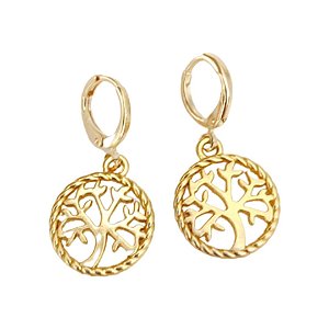 Brincos de Argola com pingente Árvore da vida folheado em ouro