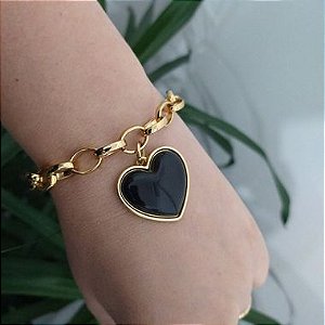 Pulseira Correntaria Elo Português com pingente de coração preto resinado Isadora