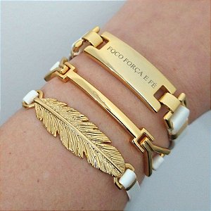 Mix de Pulseiras douradas (courino branco) Prosperidade / Folha MD1