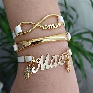 Mix de Pulseiras Douradas (courino Branco) Mãe ( 2 filhos )-