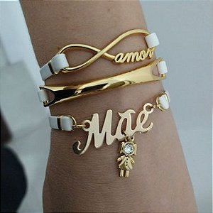 Mix de Pulseiras Douradas ( courino Branco) -  Mãe (1 filho)