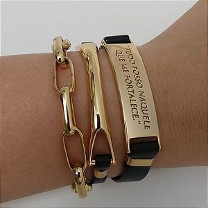 Mix de Pulseiras Douradas ( correntaria + courino Preto) - Tudo Posso Mod1