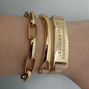 Mix de Pulseiras Douradas ( correntaria + courino Bege) - Tudo Posso Mod1